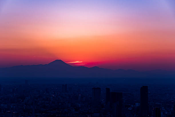 istock Mt. Fuji silhouette at dusk from Tokyo bay area 513759054