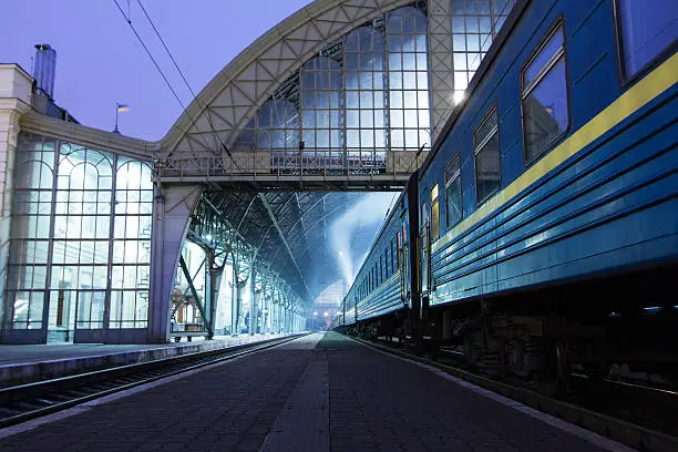 The train on the platform of railroad station in Lviv , Ukraine .