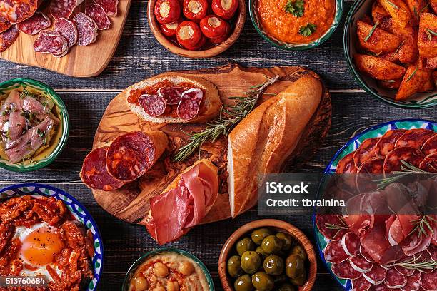 Typical Spanish Tapas Concept Rustic Style Top View Stock Photo - Download Image Now