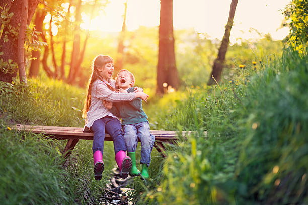 istock Brother and sister playing on bridge in forest 513762454