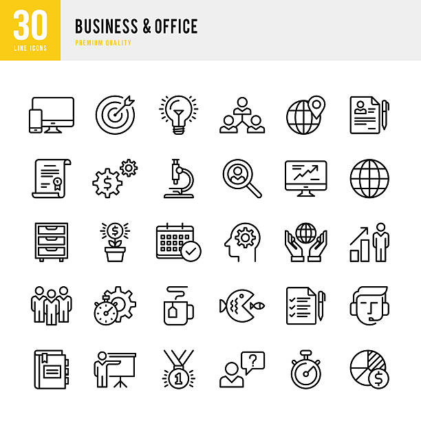 ilustraciones, imágenes clip art, dibujos animados e iconos de stock de negocios &  oficina-conjunto de iconos de línea fina - usa business success earth