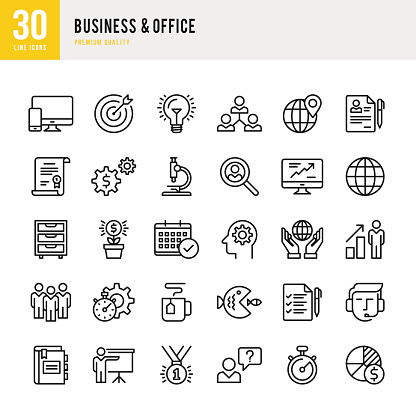 Business & office set of 30 thin line vector icons.