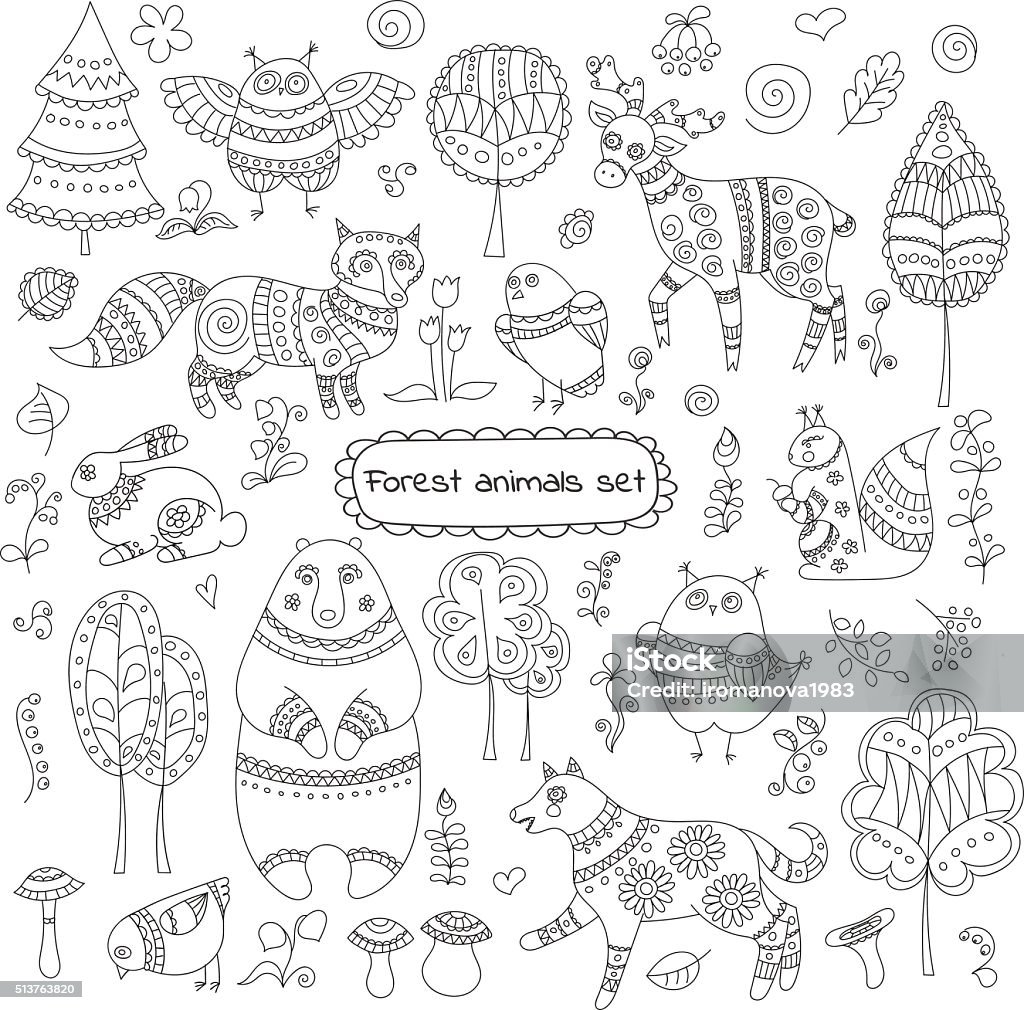 Koleksi Hewan Hutan Doodle Dan Pohon Untuk Desain Ilustrasi Stok