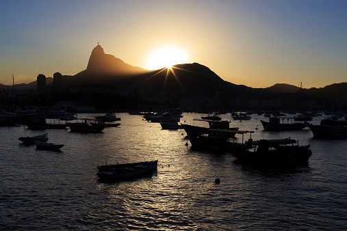 Corcovado Christ The Redeemer sunset Guanabara bay from Urca  Rio de Janeiro, Brazil
