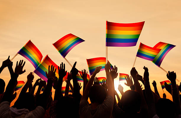 grupo de personas agitando símbolo del orgullo gay flags - gay pride flag fotografías e imágenes de stock