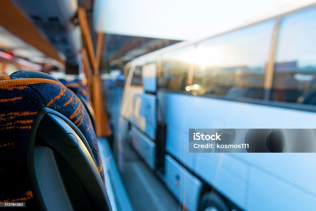 view of the tourist bus through the window Coach Bus Stock Photo