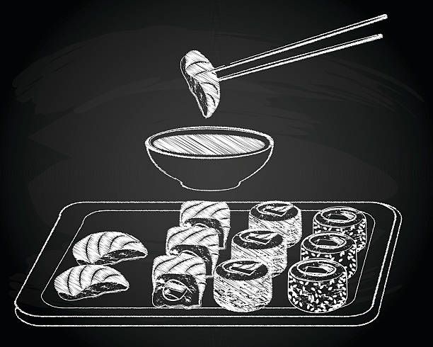 ilustrações de stock, clip art, desenhos animados e ícones de sushi no fundo vintage quadro-negro - susi