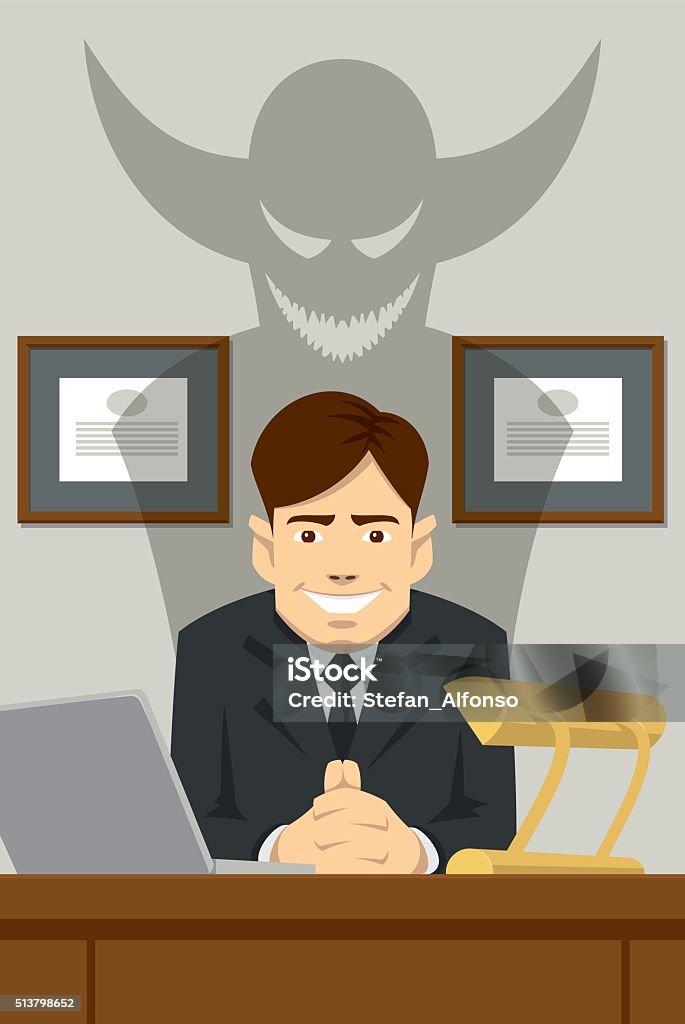 Devilish boss sitting behind the desk Devilish boss sitting behind the desk. Casting devil shape shadow. There are laptop and lamp on the desk and two frames on the wall.  Dishonesty stock vector