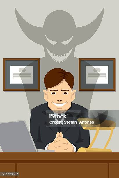 Devilish Boss Sitting Behind The Desk Stock Illustration - Download Image Now - Dishonesty, Evil, Manager