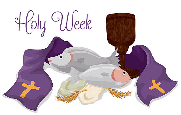 Religious Elements of Catholic Lent Fishes, breads, wooden chalice, ears of wheat and a purple stole of Catholic Lent holiday. lent season stock illustrations