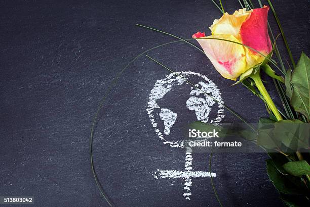 Rose And Female Sign With Earth Globe On A Blackboard Stock Photo - Download Image Now