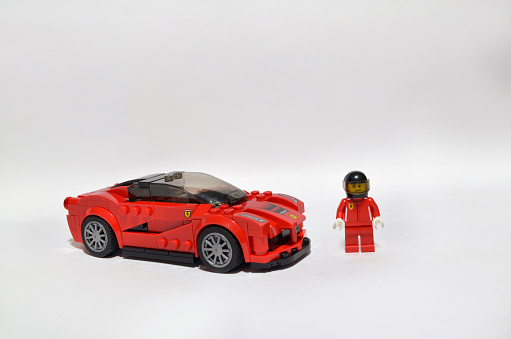 Mexico City, Mexico - February 14, 2016: Lego mini figure LaFerrari car. Lego brand is owned by The LEGO Group