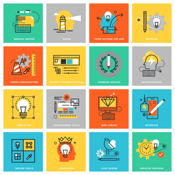 Thin line flat design icons for graphic and web design Modern thin line flat design icons for graphic and web design services and tools, innovation and creative process. Icons for web and app design, easy to use and highly customizable. flowchart symbols programming stock illustrations