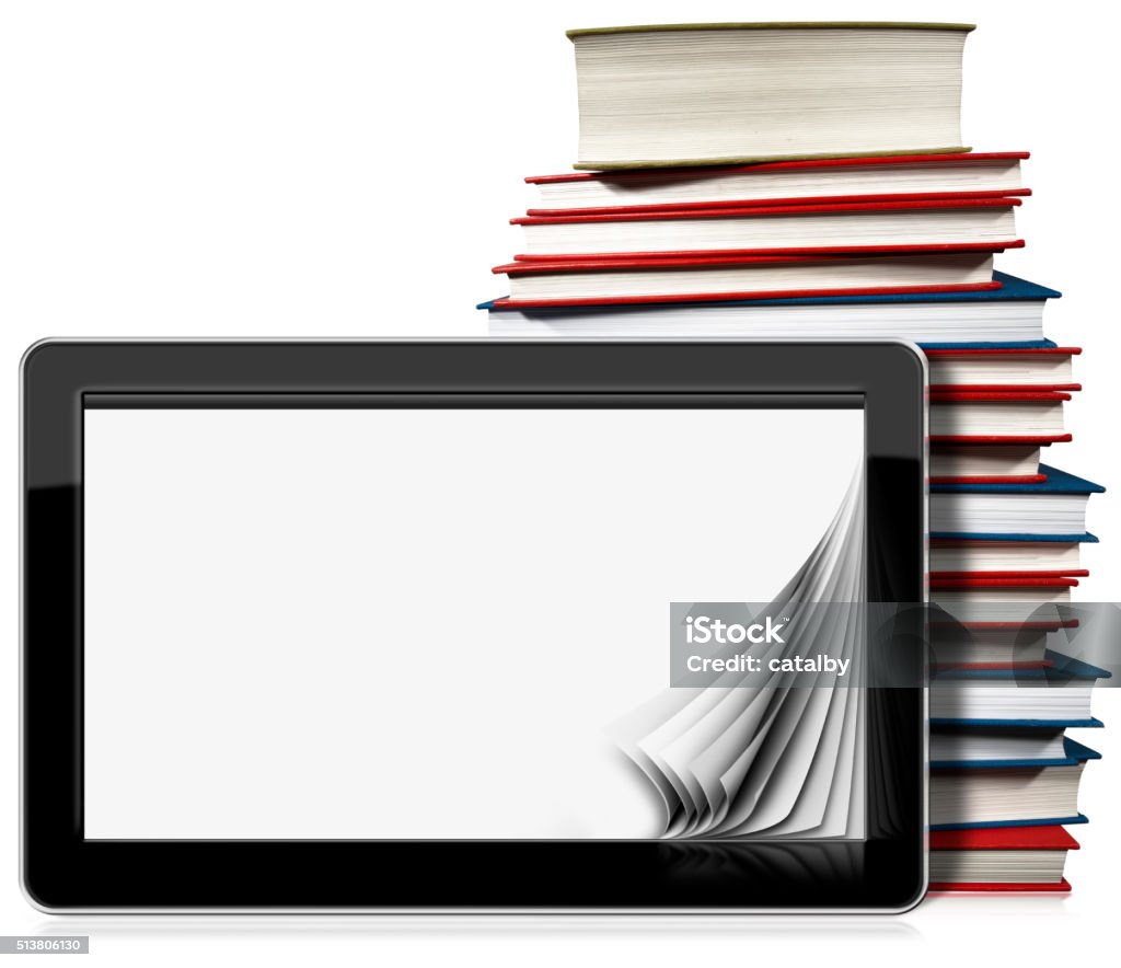 Tablet Computer with Pages and Books Horizontal black tablet computer with blank pages and a stack of books. Isolated on white background Book Stock Photo