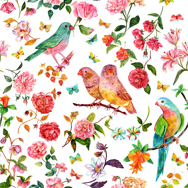 istock Seamless pattern with vintage watercolor flowers, birds and butterflies 513806132