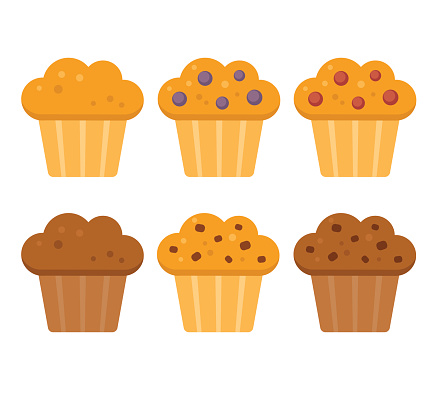 Muffin icon set. Blueberry, cranberry, chocolate with chocolate chips. Vector illustration in flat cartoon style.