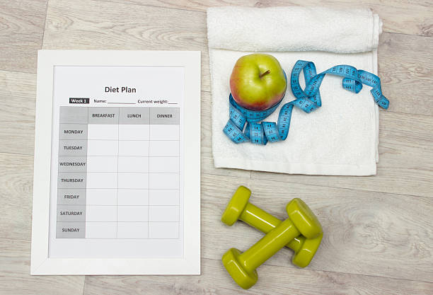 istock Diet plan, green weights, apple, measure tape and towel 513806416