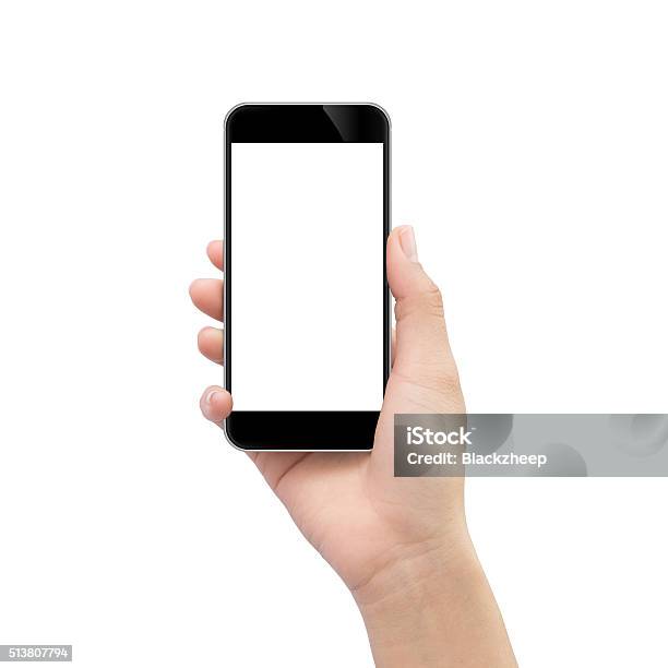 Hand Holding Black Phone Isolated On White Clipping Path Inside Stock Photo - Download Image Now