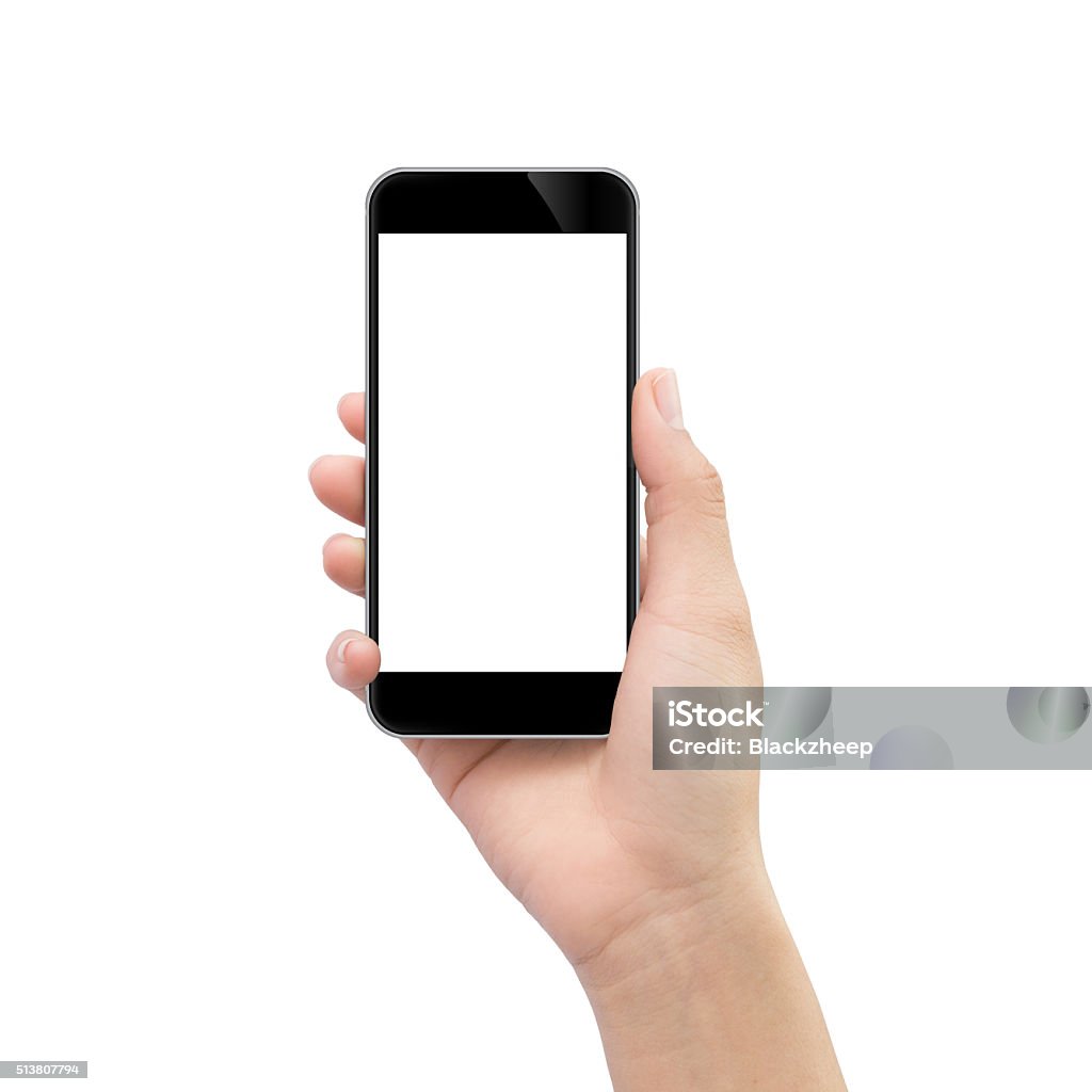 Mão segurando o telefone isolado no preto branco com Traçado de Recorte dentro - Foto de stock de Mão humana royalty-free