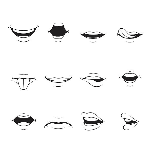 Mouths Set With Various Expressions, Monochrome organ, emoji, facial expression, human face, feeling, mood, personality, symbol teeth clipart stock illustrations