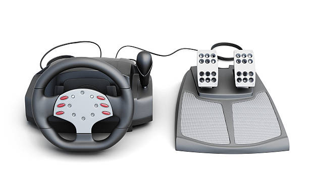 istock Gaming steering wheel with pedals isolated on white background. 513808796