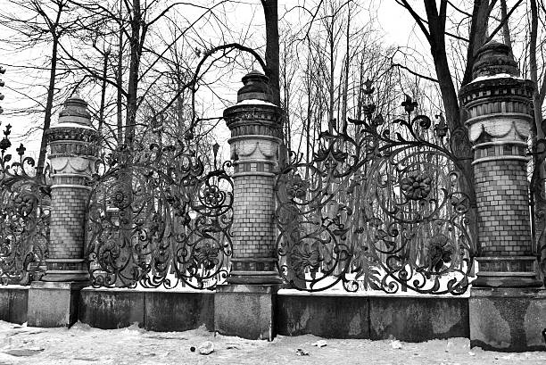 Fence of the Mikhailovsky Garden in St.Petersburg, Russia. Black and white.