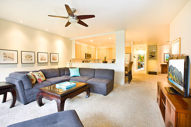 Tropical Beach Themed Condominium Apartment Living Room and Kitchen A tropical beach house themed contemporary apartment condominium interior design. with modern decor, sectional sofa, flat screen TV, open concept kitchen and beach themed wall hanging and art work. floor fan stock pictures, royalty-free photos & images