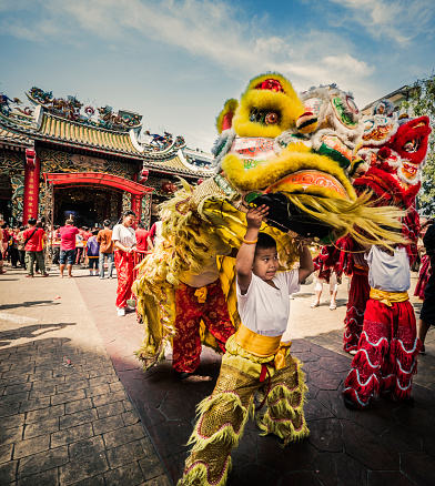 Bangkok, Thailand - February 8, 2016: Chinese lion dance among people during the Chinese New Year in Chinatown Bangkok Thailand. Children perform a Lion dance at the Guan Yin Shrine. This is a traditional dance were the dancers, two of them, were lion costumes and people put money inside their mouths expecting good fortune.