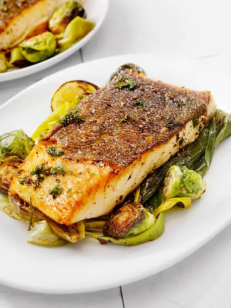 Crispy Skin Grilled White Fish Roasted with Leeks and Brussels Sprouts - Photographed on Hasselblad H3D2-39mb Camera