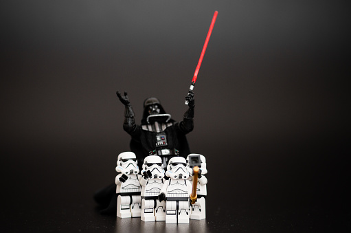 Orvieto, Italy - January 11, 2016: Group o Star Wars Lego Stormtroopers mini figures take a selfie with Darth Vader.  Lego is a popular line of construction toys manufactured by the Lego Group