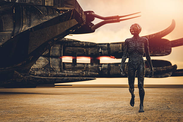 Alien with spaceship, walking in desert