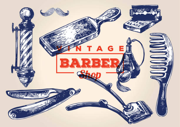 ilustrações de stock, clip art, desenhos animados e ícones de vintage de barbearia elementos. série 1 - human hair retro revival old fashioned beauty
