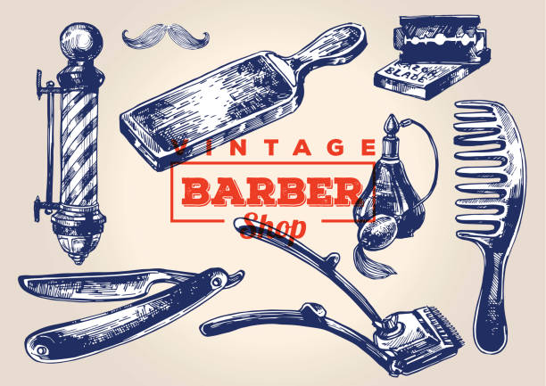 Vintage barbershop elements. Set 1 Vintage barbershop elements. Set 1. Including barbershop pole, comb, razor blade, razor sharpener, perfume bottle and steel hairclipper hair posters for salon stock illustrations