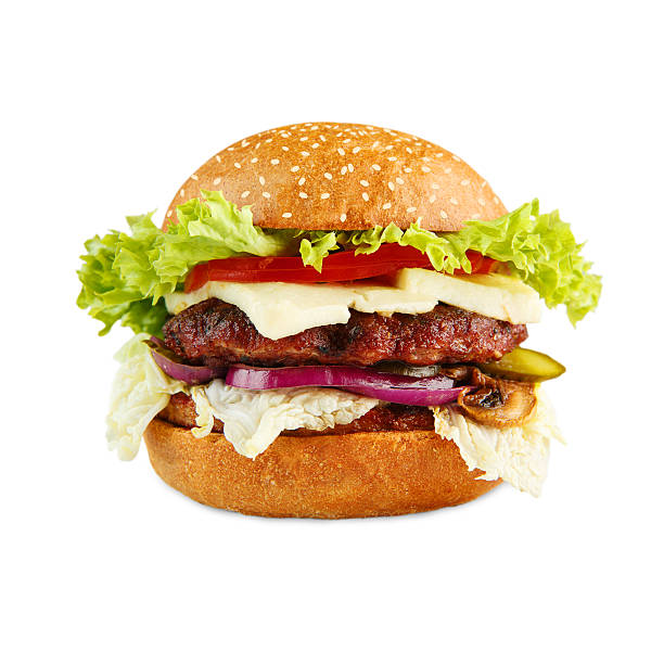 cheeseburger savoureux isolé sur fond blanc - symmetry burger hamburger cheese photos et images de collection