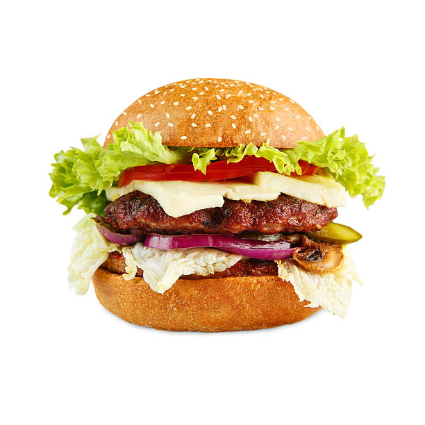 deliciosos cheeseburguer isolado em fundo branco - hamburger burger symmetry cheeseburger imagens e fotografias de stock