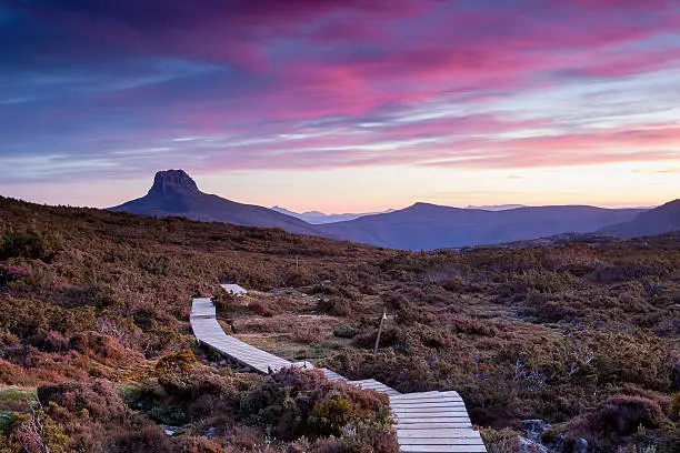 The Overland Track is one of Australia's most famous bush treks, situated in the Cradle Mountain-Lake St Clair National Park, Tasmania. More than 8000 walkers each year complete the track.