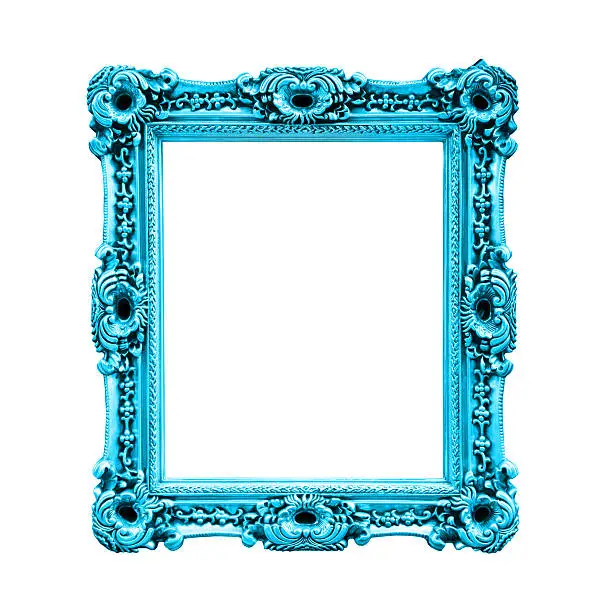 Photo of Blue antique baroque frame, isolated on white background