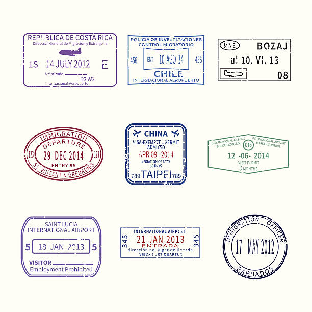 vector international travel visa stamps for passport set - 護照印章 幅插畫檔、美工圖案、卡通及圖標