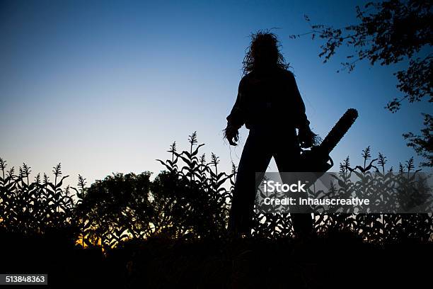 Silhouette Of A Scarecrow In Cornfield Stock Photo - Download Image Now - Chainsaw, Horror, Halloween