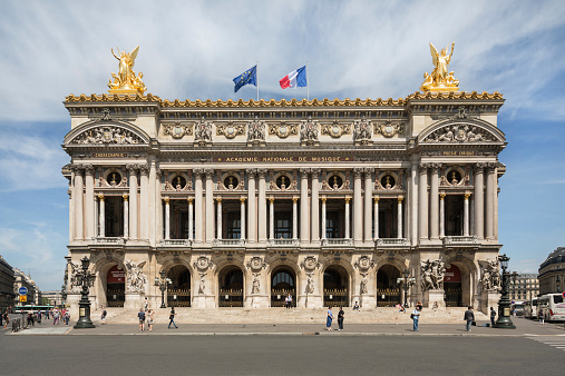 People walking in the Place de l´opera (Opera square) next to the Palais Garnier Opera House (Opera du Paris) at Paris city, France. Inaugurated in 1875, it is one of the most famous places in Paris.