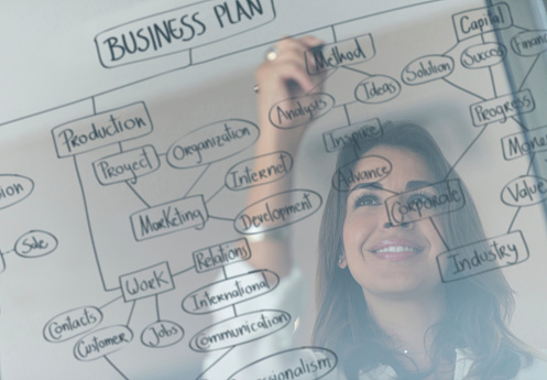 Woman drawing a business plan on a screen