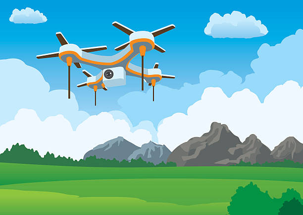 Quadcopter drone flying illustration landscape Quadcopter aerial drone flying over landscape with bright sky illustration, Vector EPS v.10 file. helicopter photos stock illustrations