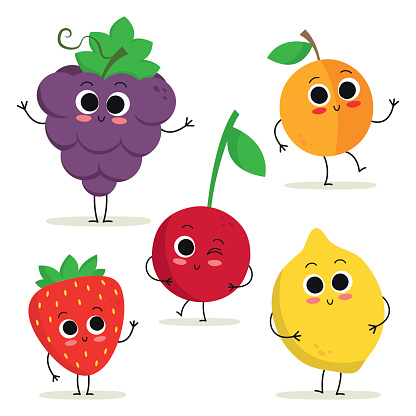 Adorable collection of five cartoon fruit characters isolated on white: grape, apricot, strawberry, cherry and lemon