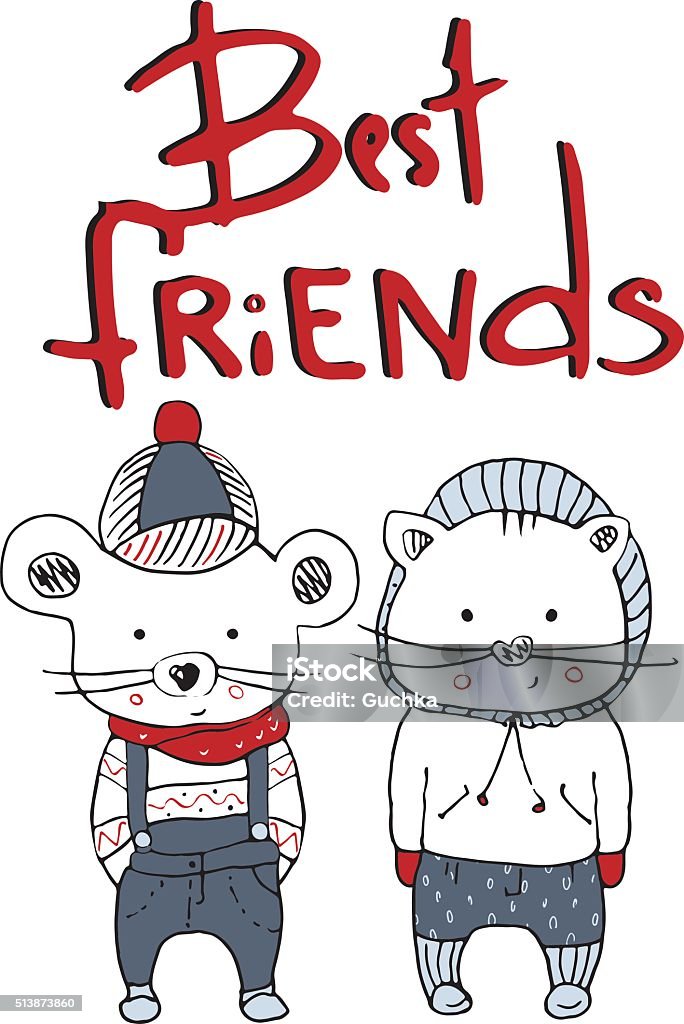 cat & mouse hand drawn vector illustration of cat& mouse with lettering"best frends"/can be used as kid's or baby's shirt design/fashion print design Animal stock vector