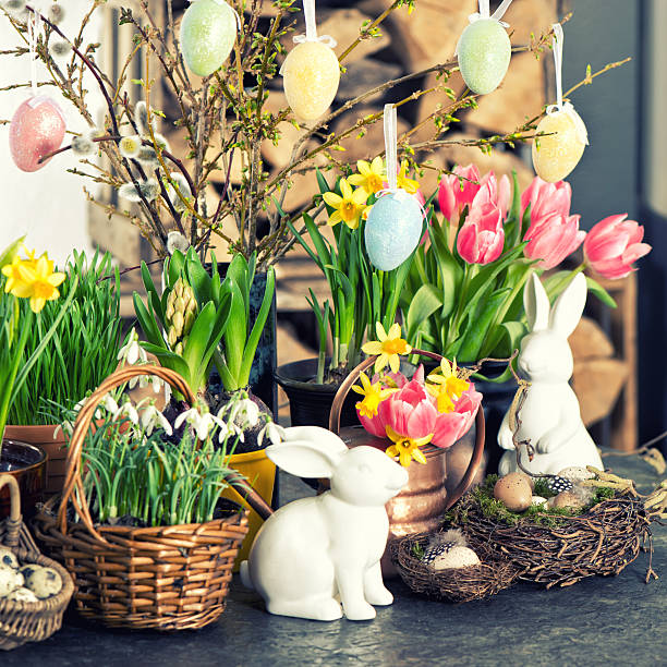 istock Easter decoration flowers eggs. Vintage style toned picture 513876700