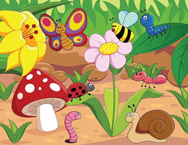 Vector illustration of collection of insects in the flower garden