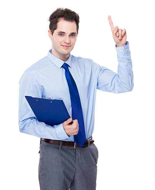istock Businessman with clipboard and finger up 513879828