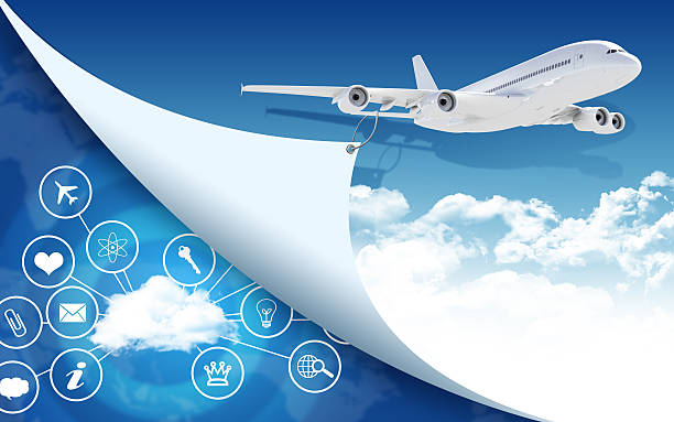 istock Airplane and cloud with icons 513880157