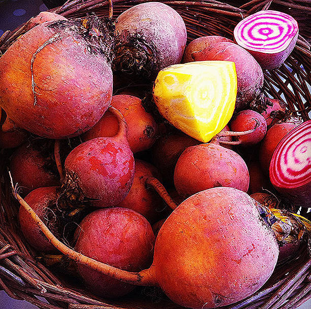 Basket with striped beets in yellow and red