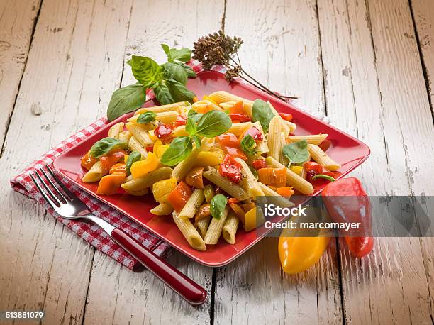 Pasta With Capsicum And Basil Stock Photo - Download Image Now - Basil, Bell Pepper, Crockery